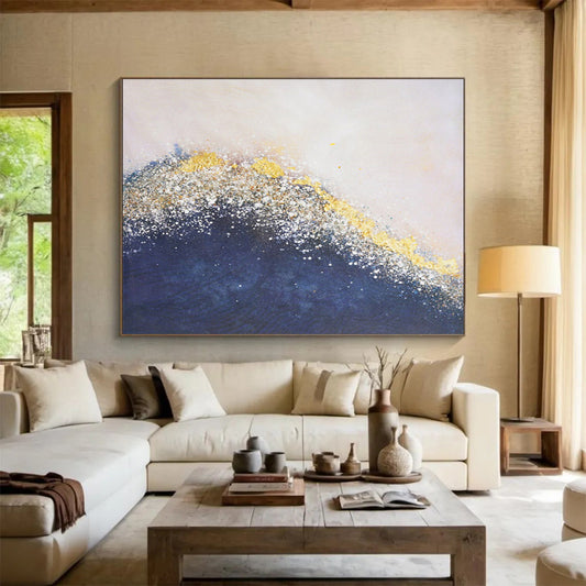 Hand Painted Art Navy Blue, Gold & White Textured Wave Abstract Painting HPS234
