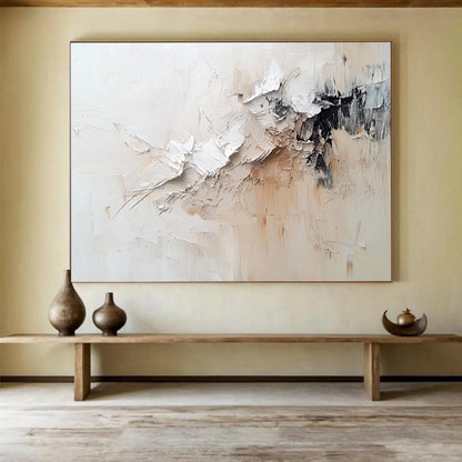 Large Painting In Living Room White, Beige, and Black Textured Abstract Art HPS305