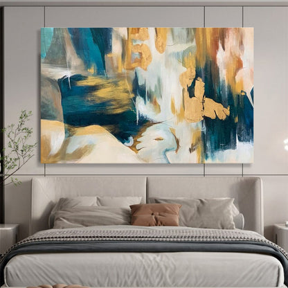 Paintings For House Teal, Gold, and Beige Textured Abstract Art HPS380