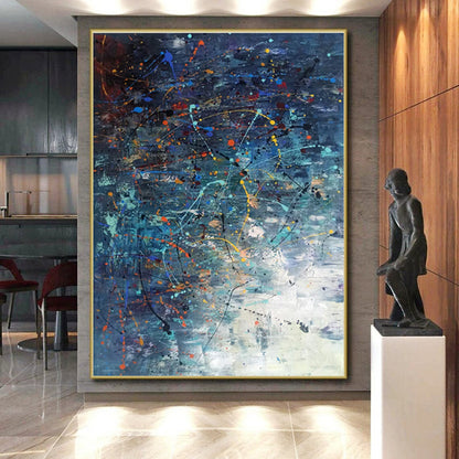 Acrylic Modern Art Paintings in Navy, Teal, Orange, Yellow, and Pink Abstract Splatters and Lines PT243