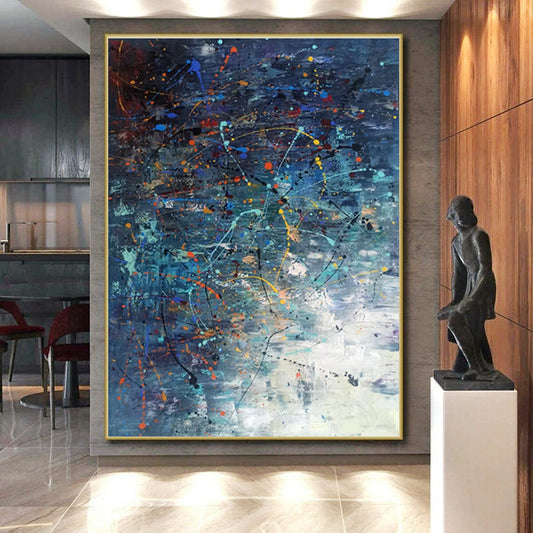 Acrylic Modern Art Paintings in Navy, Teal, Orange, Yellow, and Pink Abstract Splatters and Lines PT243