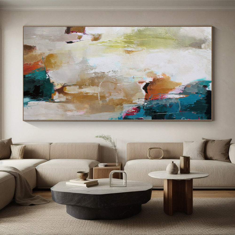 Hand Painting with Multicolor (Teal, Beige, Pink) Abstract Composition PT012