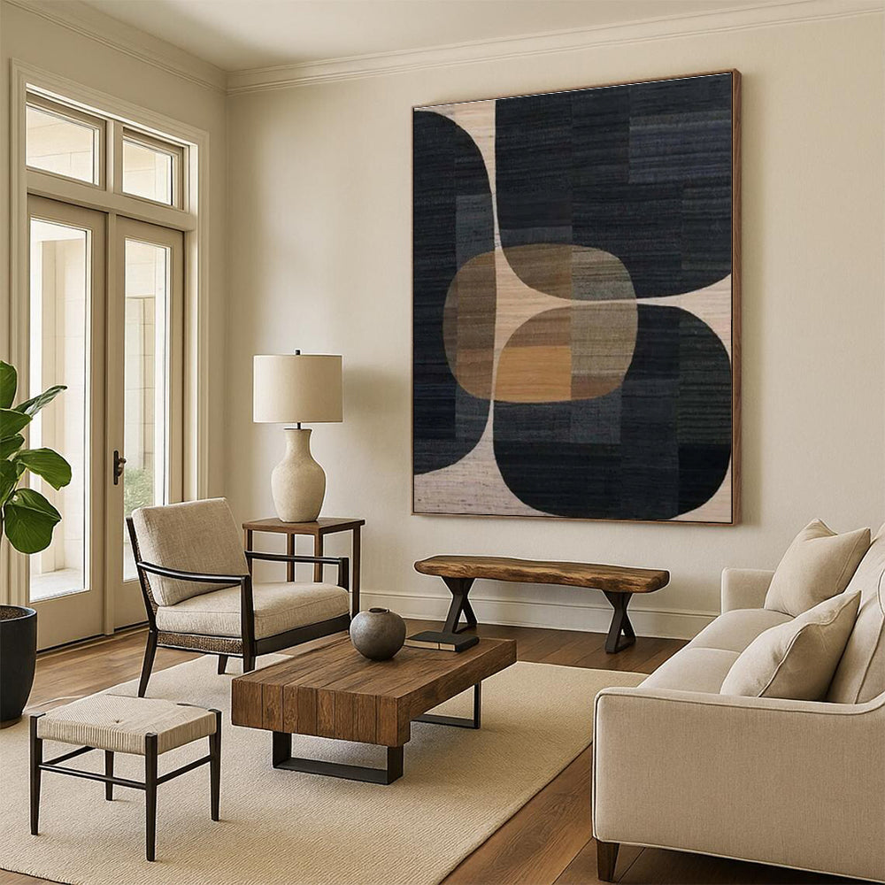 Minimalist Canvas Art Black Beige Geometric Abstract Art PT332