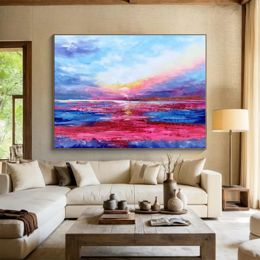 Hand-Painted Pink, Blue & Purple Sunset Sea Abstract Painting On Canvas HPS076