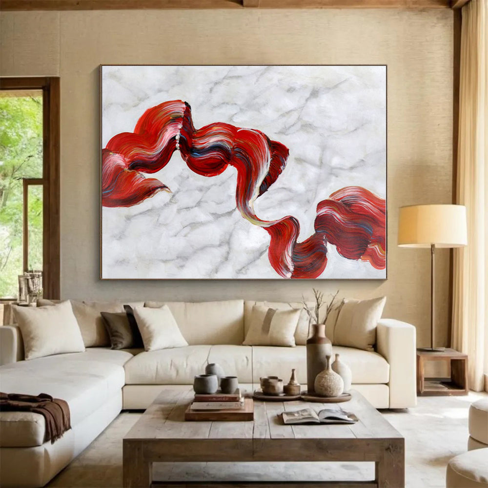 Hand-Painted Red White Textured Abstract Art PT396