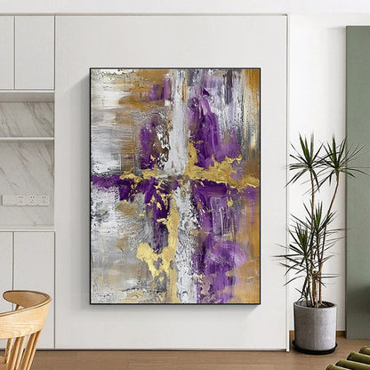 Hand Painted Art - Purple, Gold & Gray Geometric Abstract Art with Textured Details PT593
