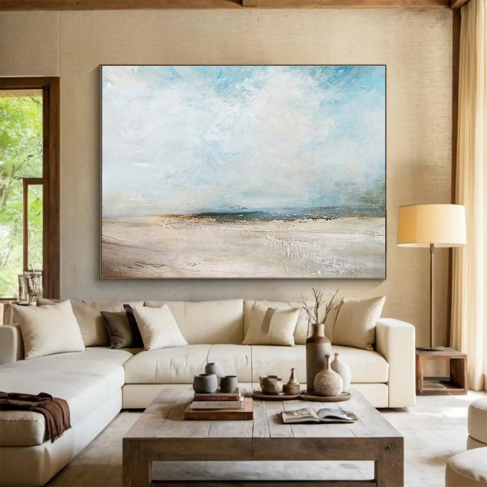 Oversized Abstract Wall Art Blue, Beige, and White Textured Abstract Seaside Art HPS387