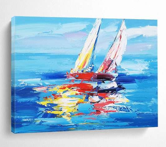 Hand Painting Blue, Red & Yellow Sailboat Impressionistic Acrylic Painting HPS232