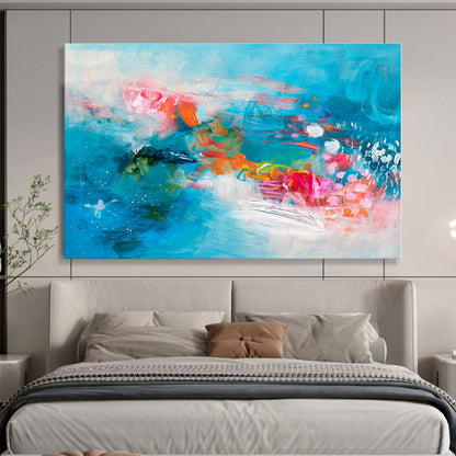 Acrylic Modern Art Paintings Energetic Blue & Pink Abstract On Canvas HPS022