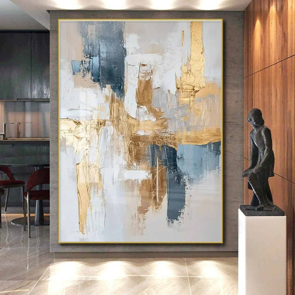 Large Size Gold, Blue, and White Textured Abstract Art PT739