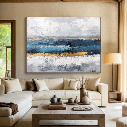 Acrylic Modern Art Paintings Blue, Gray, Gold & White Textured Landscape Abstract Painting HPS265