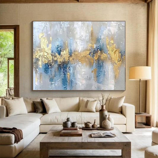 Hand Painted Art Gray, Blue & Gold Textured Abstract Art HPS193