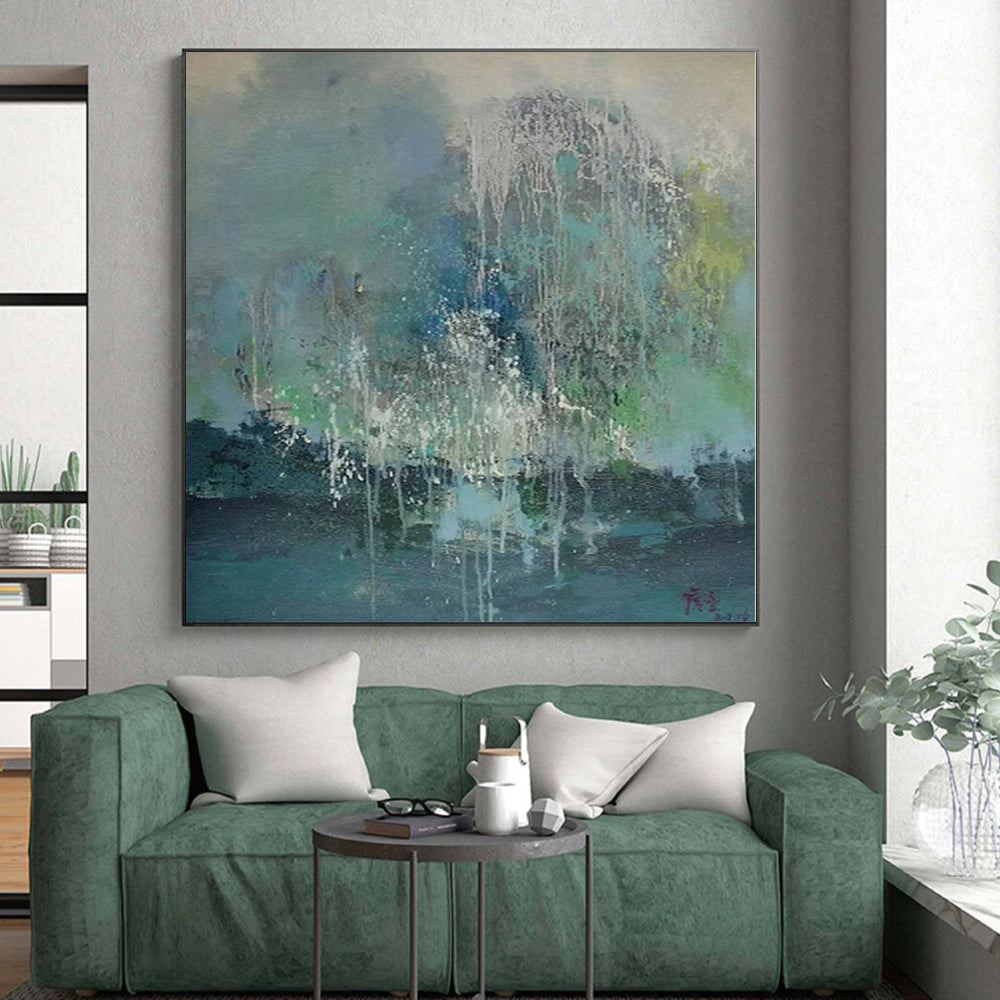 Handmade Art Blue, Green & White Textured Abstract Painting On Canvas PT044