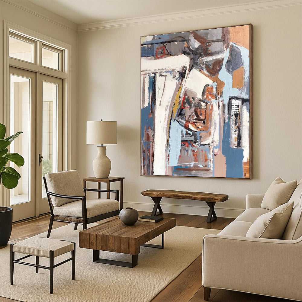 Unique Abstract Art with Blue, Gray, White, and Brown Geometric Abstract Shapes, Large Contemporary Wall Art PT215