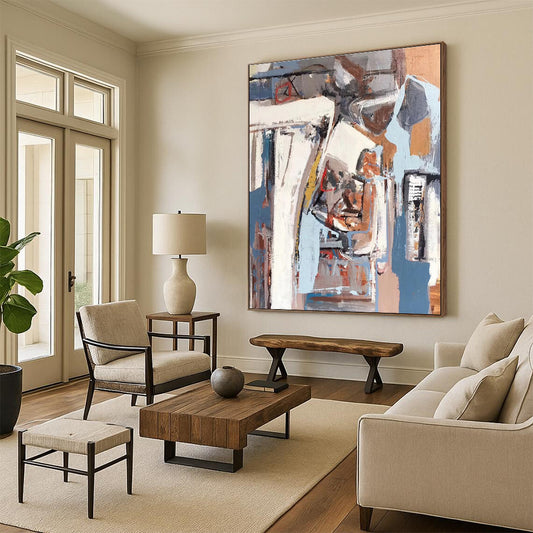 Unique Abstract Art with Blue, Gray, White, and Brown Geometric Abstract Shapes, Large Contemporary Wall Art PT215