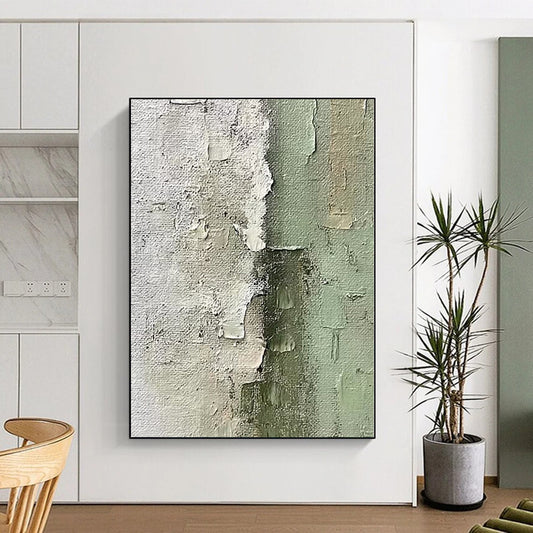 Acrylic Modern Art Paintings in White, Green, and Gray with Textured Details, Paintings For House PT010