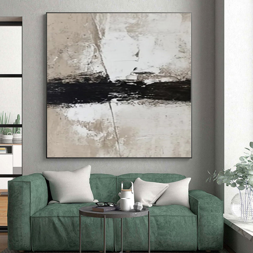 Minimalist Canvas Art in Black, White, and Beige, Handmade Art PT007