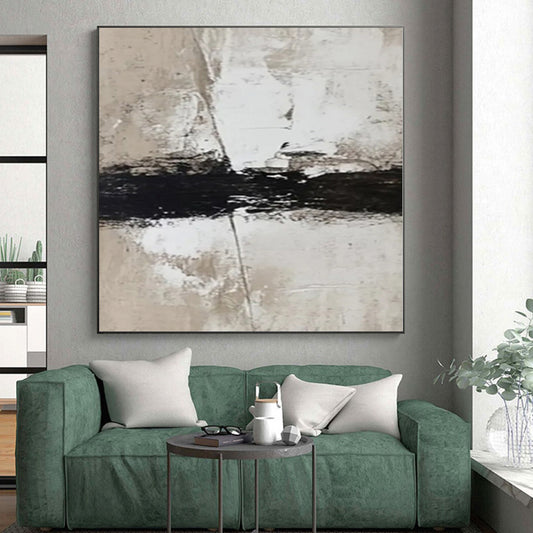 Minimalist Canvas Art in Black, White, and Beige, Handmade Art PT007
