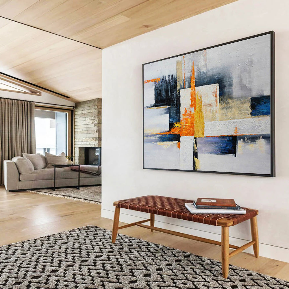 Hand Painted Art Orange, Blue, White & Yellow Geometric Abstract On Canvas HPS065