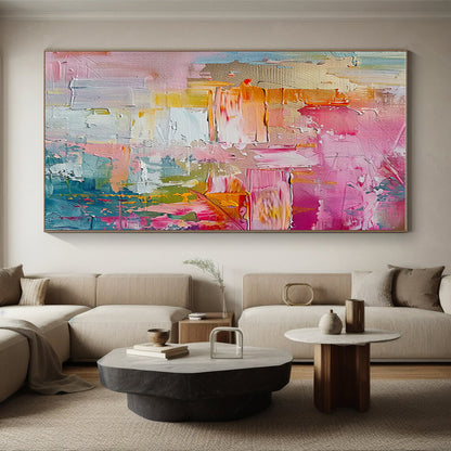 Large Painting In Living Room with Pink, Orange, Yellow, and Blue Abstract Impasto, Acrylic Modern Art PT298