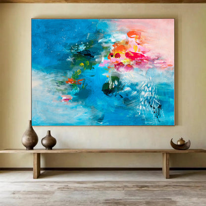 Hand Painted Art Vibrant Blue & Pink Floral Abstract On Canvas HPS021