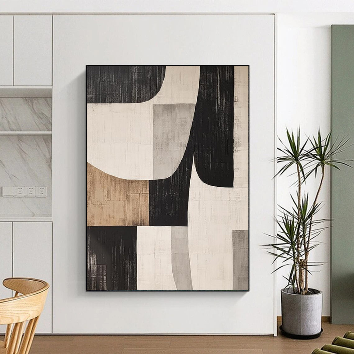 Unique Abstract Art Black, Beige, and Gray Geometric Abstract Art PT763