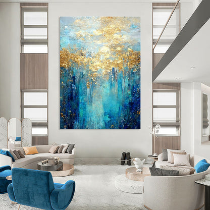 Oversized Abstract Wall Art Blue, Teal, and Gold Abstract Landscape Painting DPS444