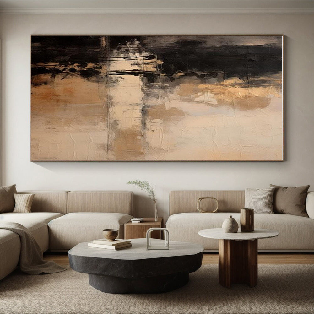Minimalist Canvas Art Black Beige Textured Abstract Art PT367