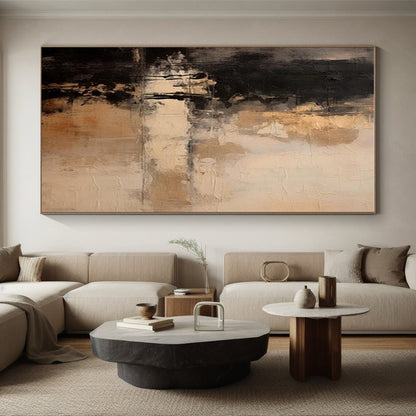 Minimalist Canvas Art Black Beige Textured Abstract Art PT367