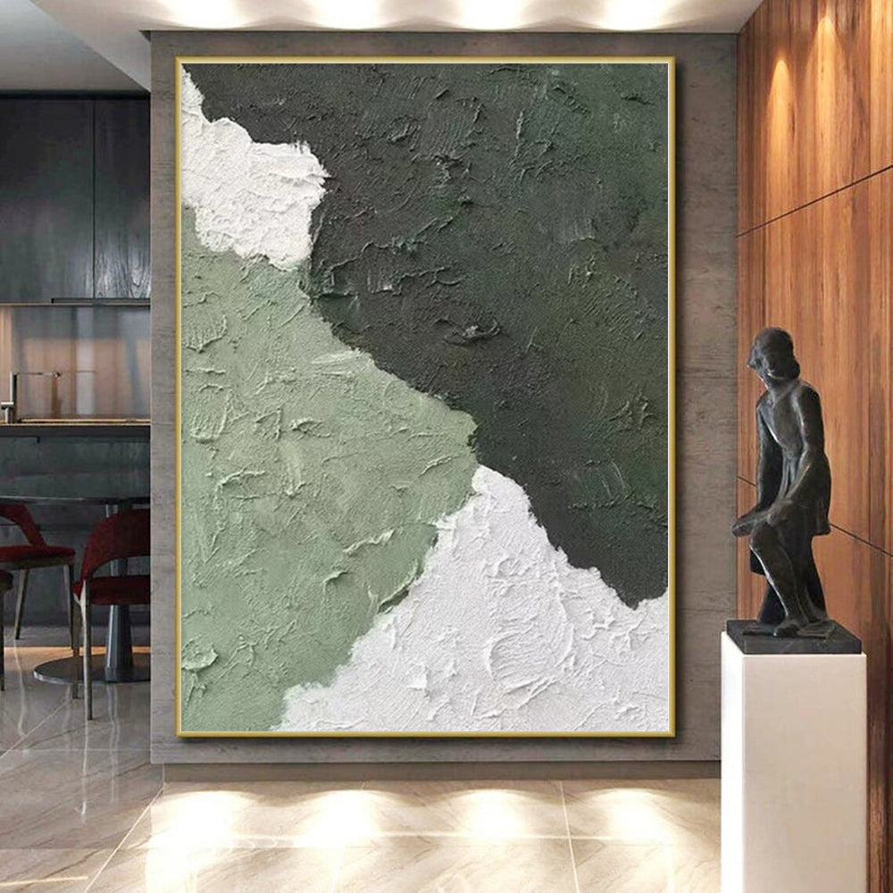 Hand Painted Art Green & White Textured Abstract Painting On Canvas PT063
