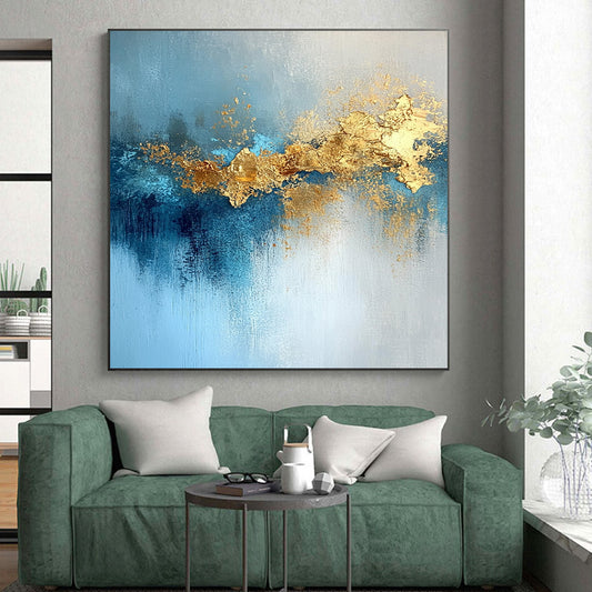 48x60 Blue, Gold & Gray Textured Abstract Painting On Canvas PT116