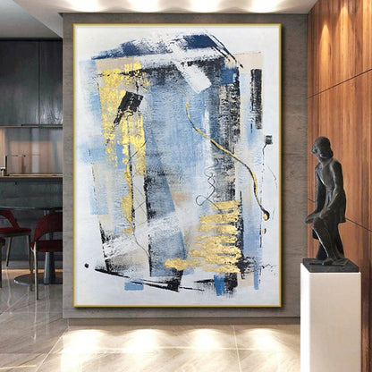 Handmade Art Blue Gold Black Textured Abstract Art PT399