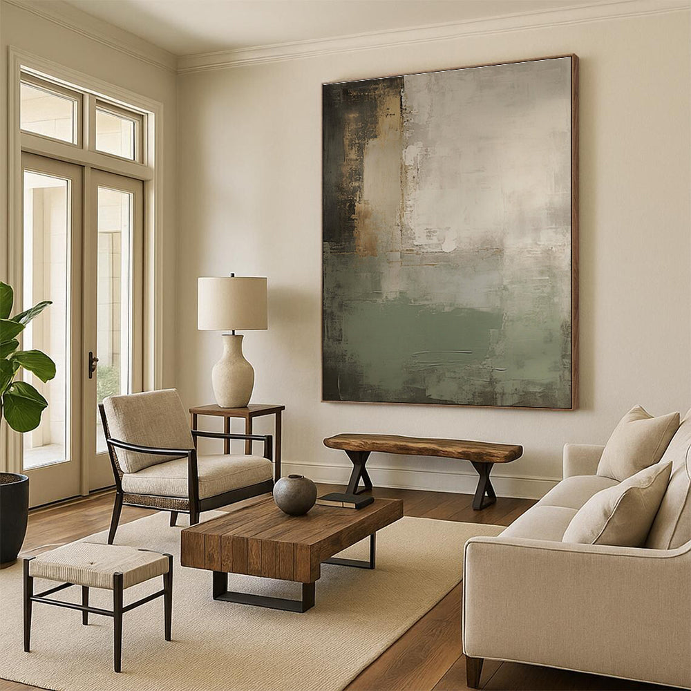 Handmade Art Gray, Beige, and Green Textured Abstract Art PT757