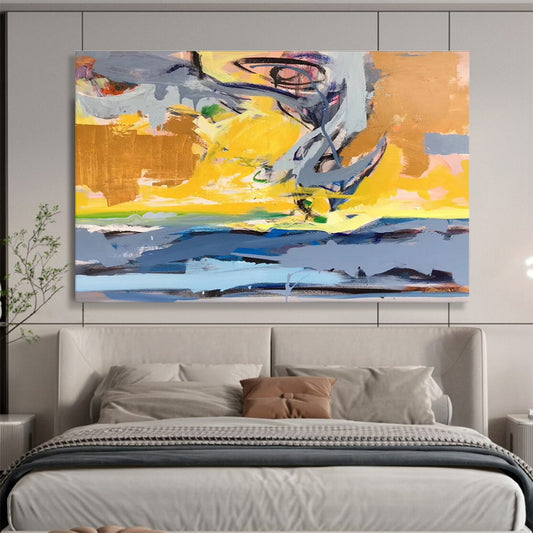 Modern Art Acrylic Yellow, Gray & Blue Abstract Energetic Art HPS189