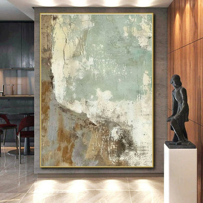 Modern Art Acrylic Beige, Green, and Gray Textured Abstract Art PT738