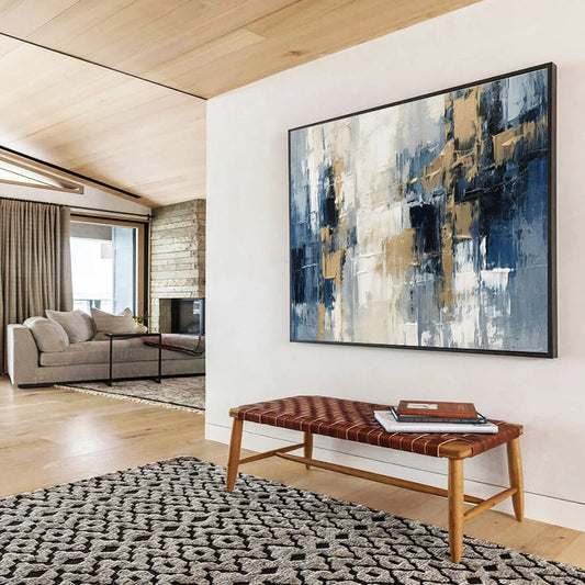 Large Painting In Living Room Blue, Gray, and Gold Textured Abstract Geometric Art HPS395