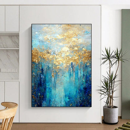 Oversized Abstract Wall Art Teal, Gold, and Blue Abstract Art PT658