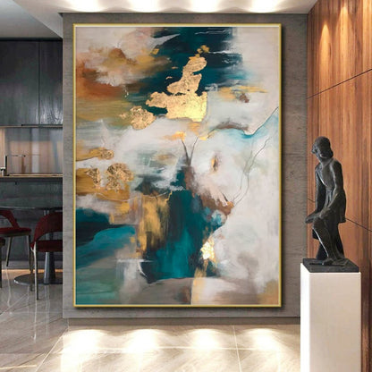 Large Contemporary Wall Art Teal, Gold, and White Abstract Art PT649