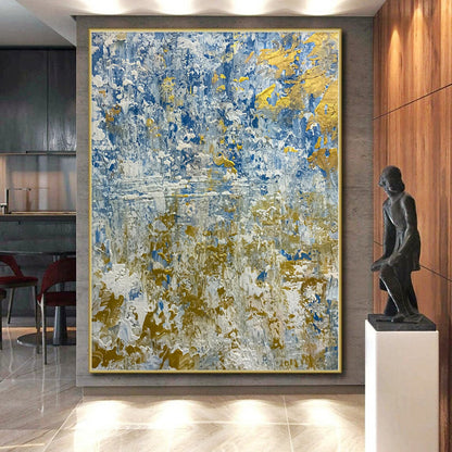 Hand Painting Blue, Gold & White Textured Abstract Painting On Canvas PT108