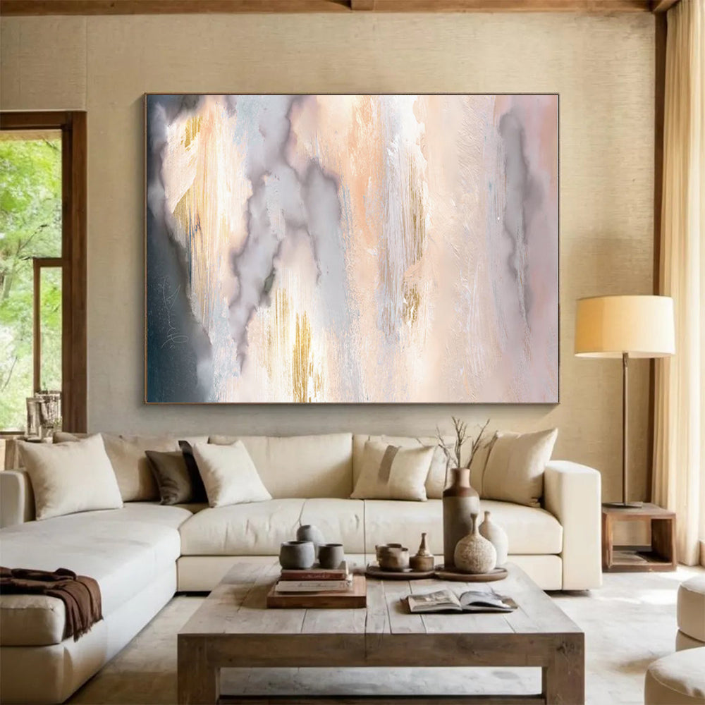 Hand-Painted Pink, Beige, Grey, and Gold Abstract Cloudscape Art PT241