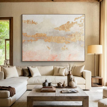 Minimalist Canvas Art Gold, Gray & Pink Textured Abstract Painting On Canvas HPS106