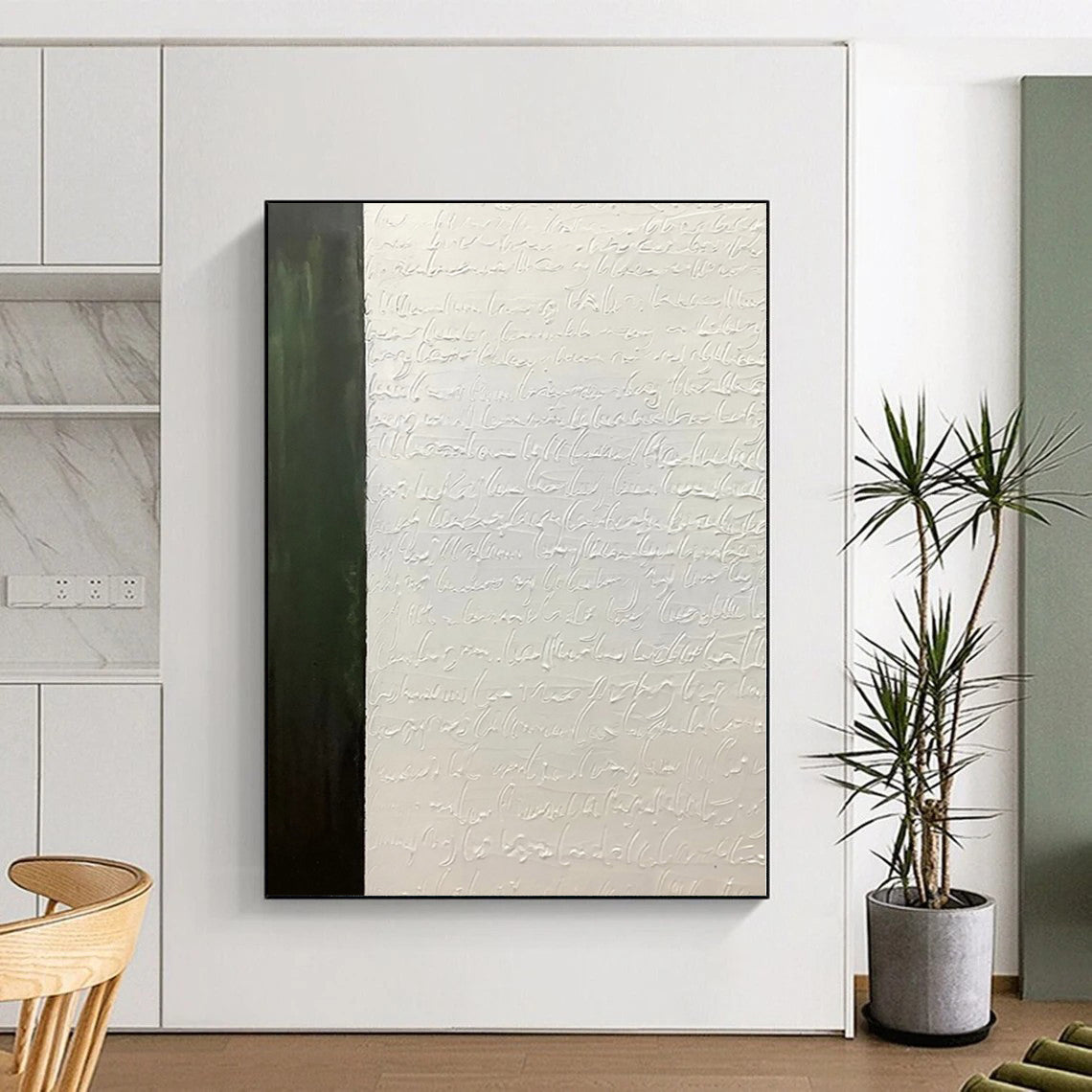 Hand-Painted Green & White Textured Calligraphic Abstract Painting On Canvas PT041