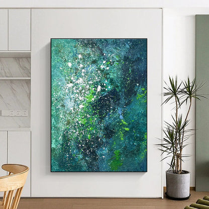 Large Contemporary Wall Art - Teal & Green Splattered Abstract Art PT568