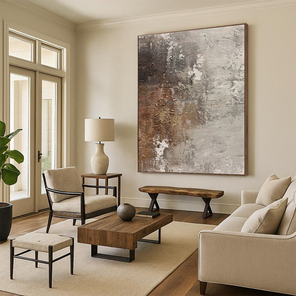 Hand-Painted Brown, Gray, and White Textured Abstract Art, Acrylic Modern Art Painting PT311