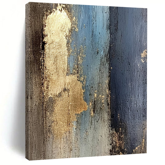 Large Abstract Art For Sale With Blue, Black, Gold Textured Accents On Canvas PT184