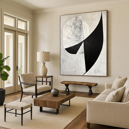 Custom Large Abstract Art For Living Room With Black, White, Gray Geometric Abstraction On Canvas PT189