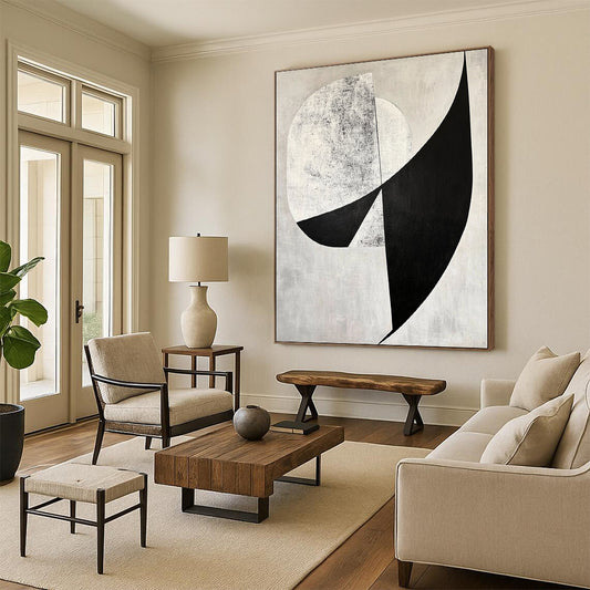 Custom Large Abstract Art For Living Room With Black, White, Gray Geometric Abstraction On Canvas PT189