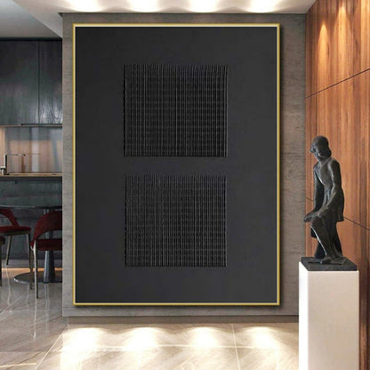 Minimalist Canvas Art in Black and Gray Grid Design, Hand Painted Art PT330