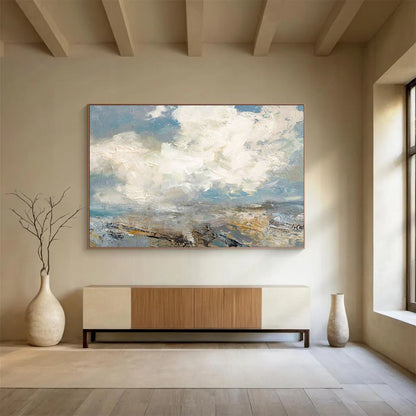 Large Painting In Living Room Gray, White, and Beige Abstract Seaside Art HPS385
