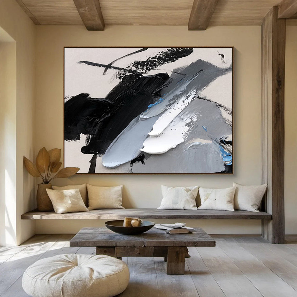 Minimalist Canvas Art Black, White, Gray & Blue Textured Abstract Painting On Canvas HPS087